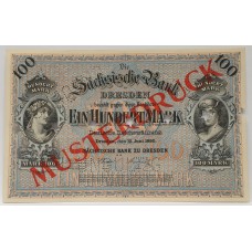 GERMAN 1890 . ONE HUNDRED 100 MARK BANKNOTE . SUPER RARE SPECIMEN . SACHSISCHE BANK